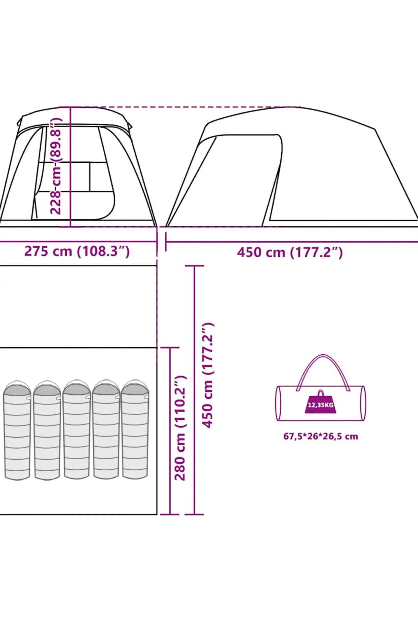 Tenda De Camping Com Varanda Em Cúpula 5 Pessoas Vidaxl 280/450x275x228 CM