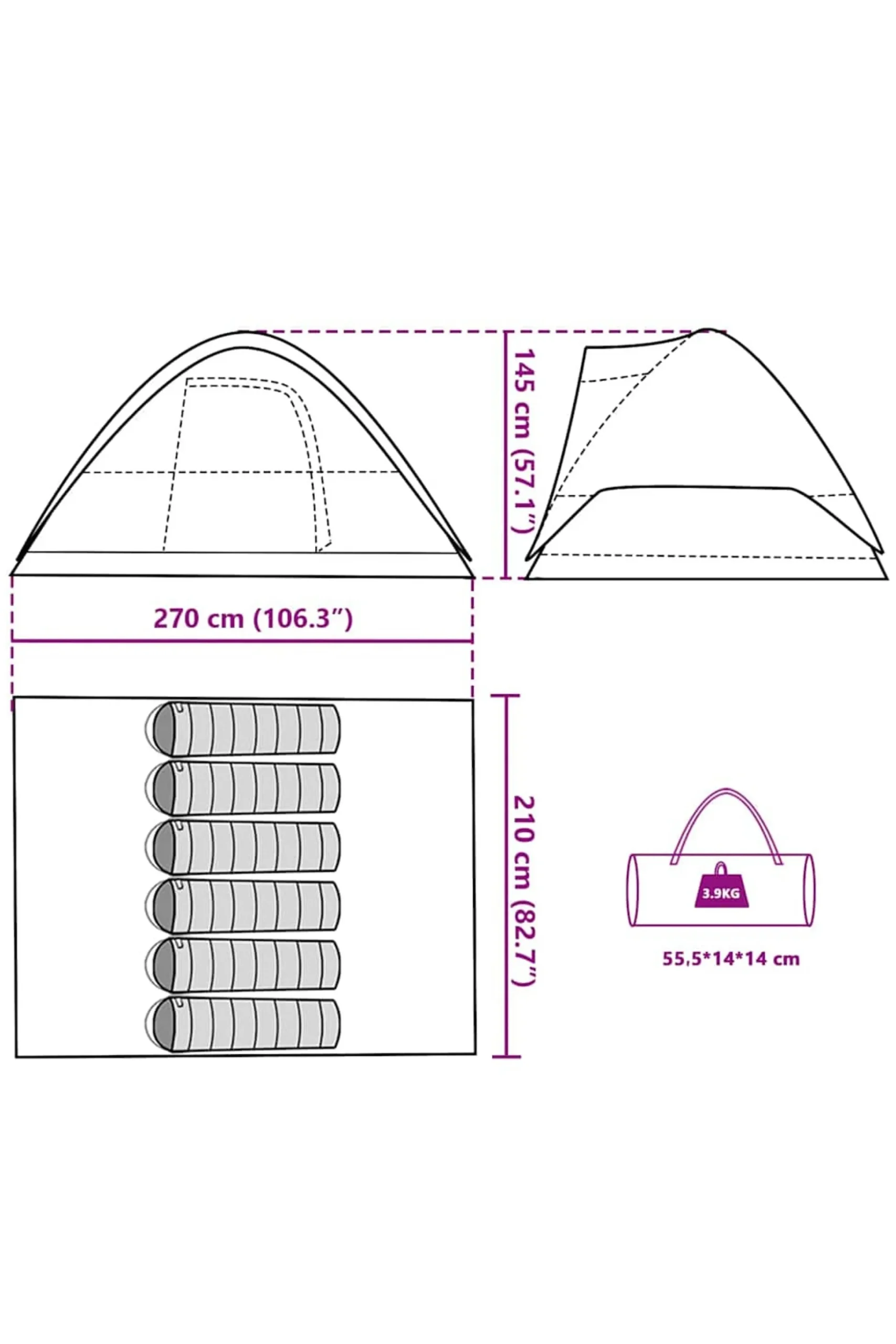 Tenda Familiar Em Cúpula Para 6 Pessoas Vidaxl Impermeável 270 X 210 X 145 CM