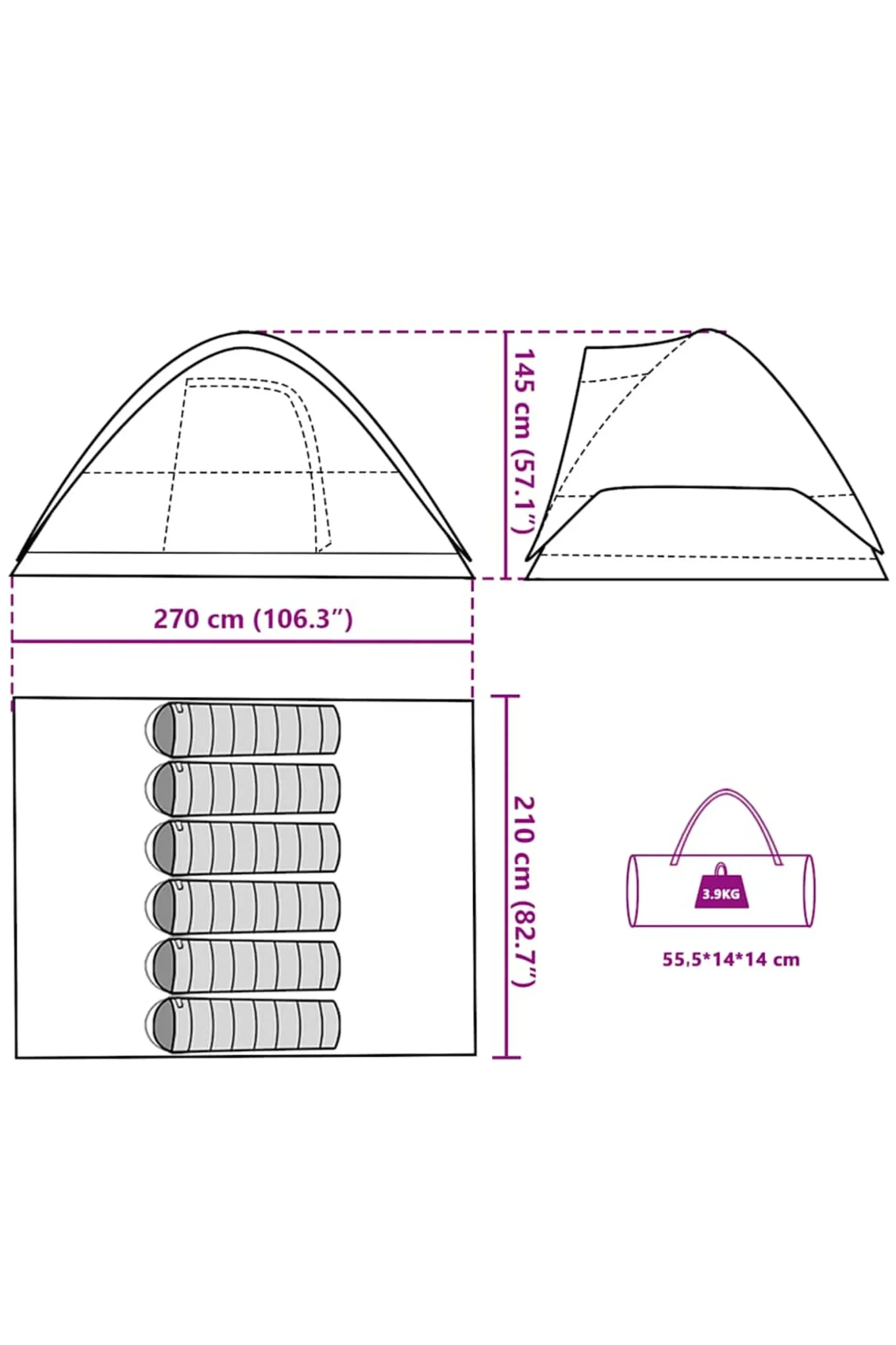Tenda Familiar Em Cúpula Para 6 Pessoas Vidaxl Impermeável 270 X 210 X 145 CM
