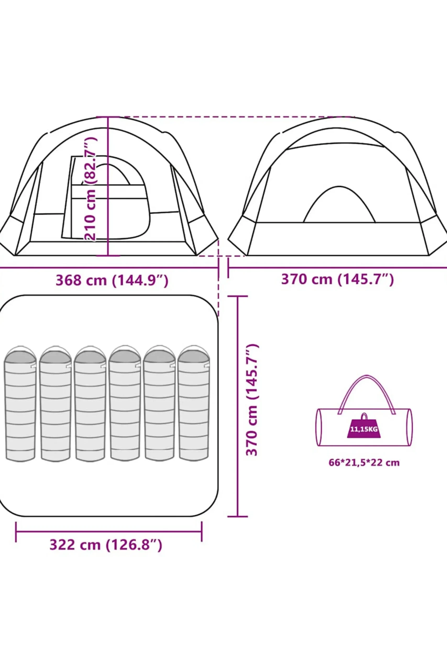 Tenda Familiar Estilo Cabana Para 6 Pessoas Vidaxl Impermeável 322/368x370x210 CM